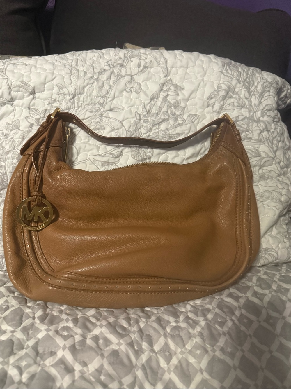 Michael Kors Cognac Leather Shoulder Bag with Gold MK Charm